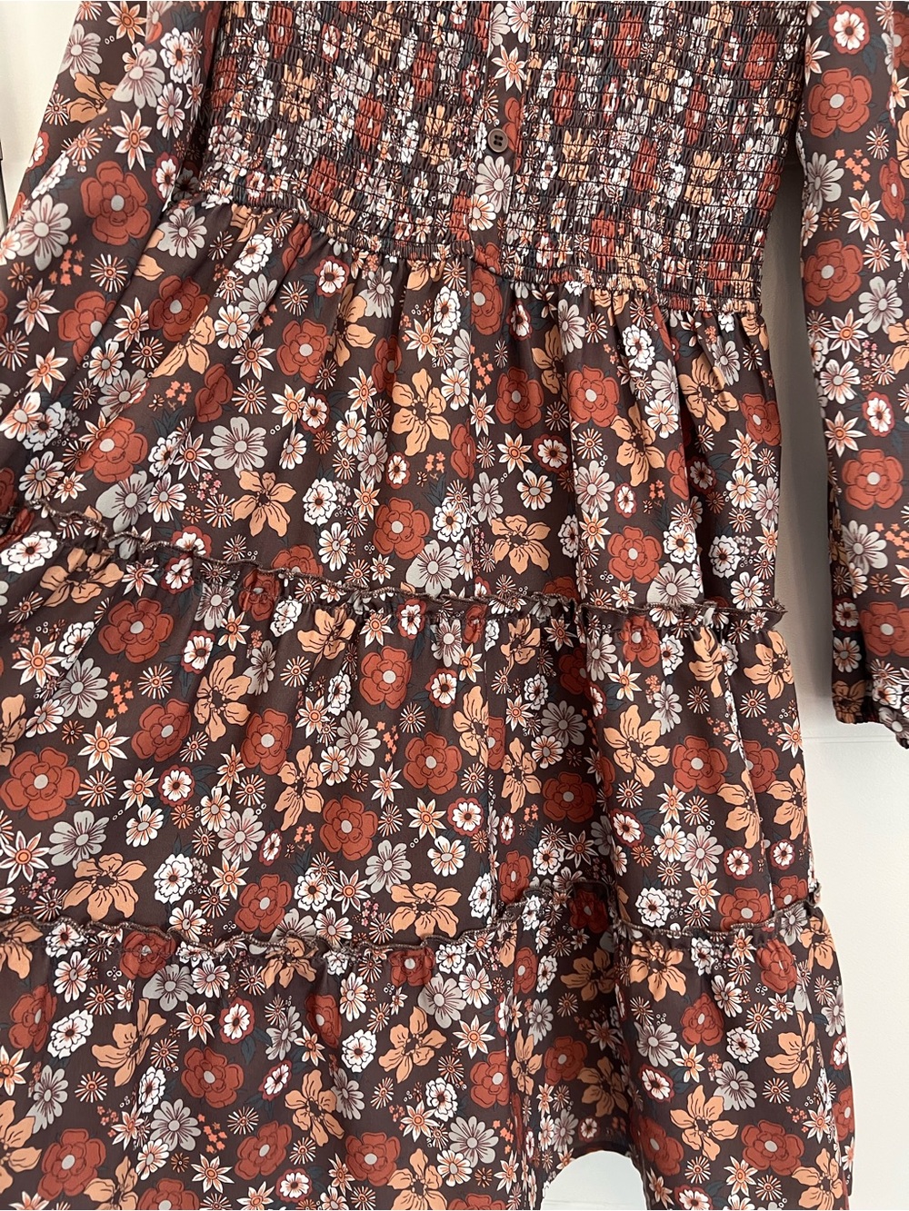 Smocked Floral Tiered Mini Dress - Rust Multi - Picture 4 of 9